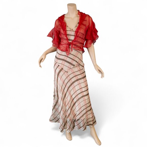 Vintage Dresses & Skirts - SOLD * 1930s Bias-Cut Plaid Maxi Dress w/Red Sheer Ruffle Overlay Set